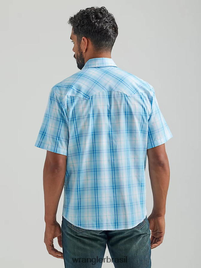 Wrangler camisa xadrez de manga curta com estampa ocidental da moda azul bebê (112324654) homens roupas 00LN6N457