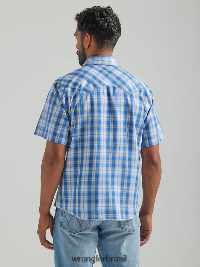 Wrangler camisa xadrez de manga curta com estampa ocidental da moda azul médio (112324653) homens roupas 00LN6N459
