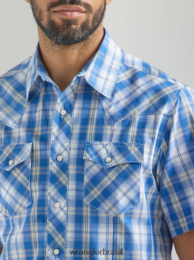 Wrangler camisa xadrez de manga curta com estampa ocidental da moda azul médio (112324653) homens roupas 00LN6N459
