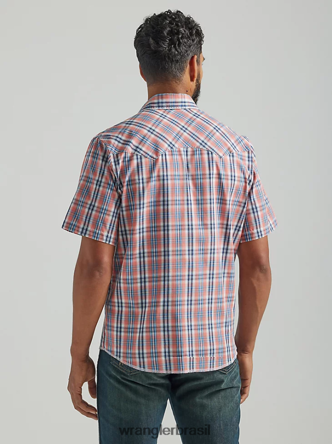 Wrangler camisa xadrez de manga curta com estampa ocidental da moda laranja (112324665) homens roupas 00LN6N458