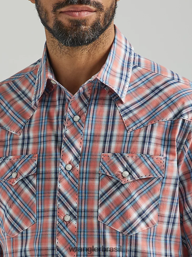 Wrangler camisa xadrez de manga curta com estampa ocidental da moda laranja (112324665) homens roupas 00LN6N458