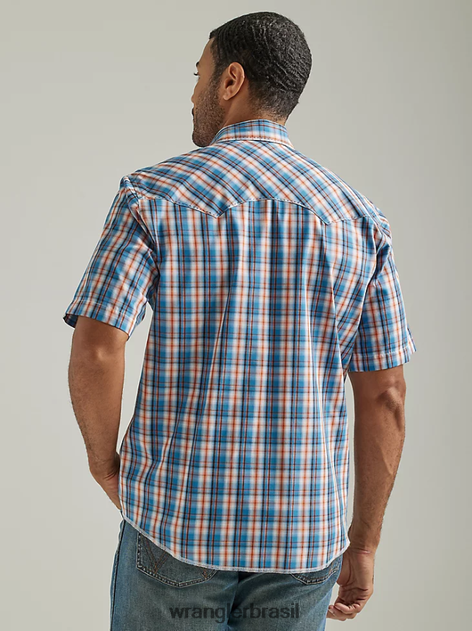 Wrangler camisa xadrez de manga curta com estampa ocidental da moda pôr do sol azul (112326470) homens roupas 00LN6N462