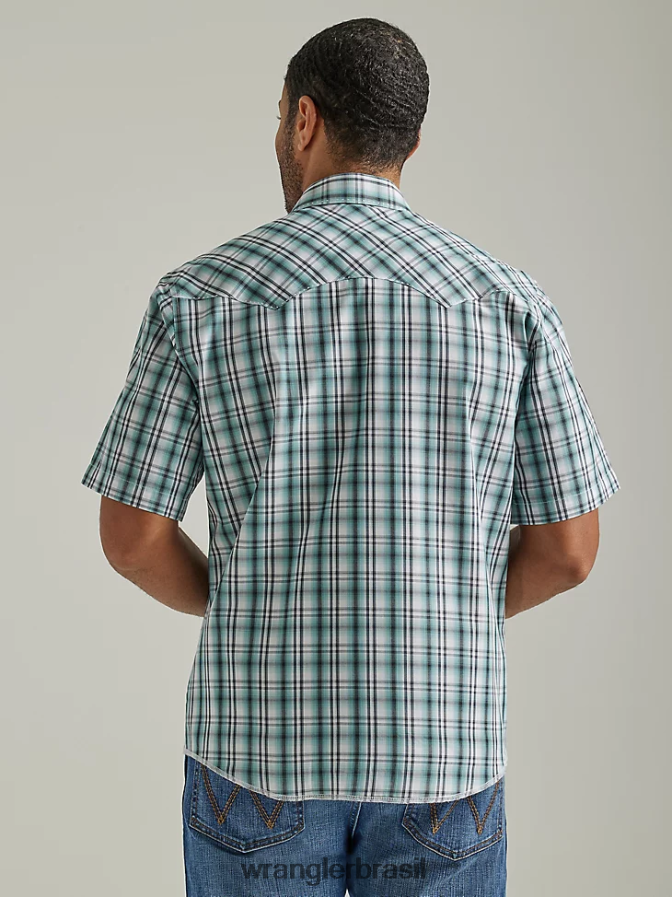 Wrangler camisa xadrez de manga curta com estampa ocidental da moda verde mar (112326468) homens roupas 00LN6N461