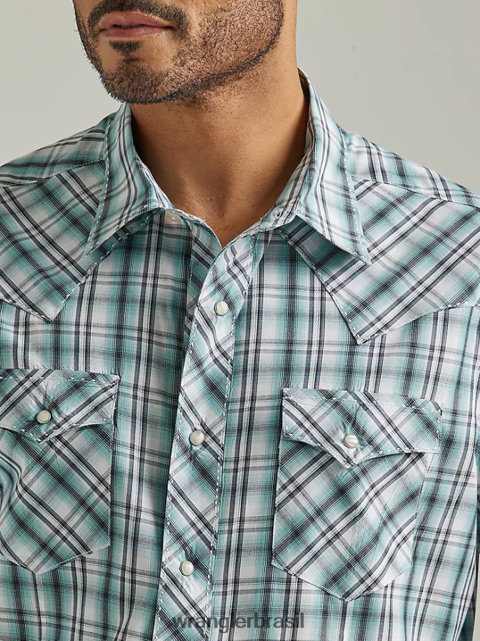 Wrangler camisa xadrez de manga curta com estampa ocidental da moda verde mar (112326468) homens roupas 00LN6N461