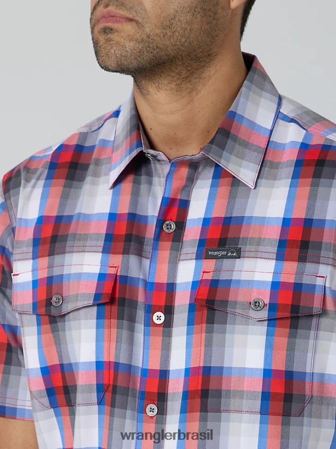 Wrangler camisa xadrez ecológica de manga curta para acampamento cidade ametista (112336166) homens roupas 00LN6N397