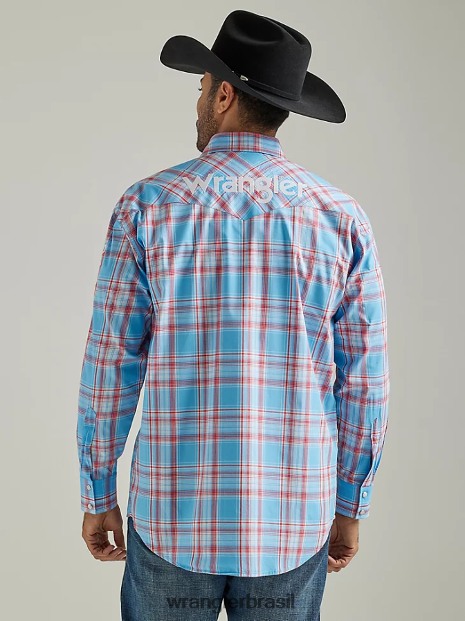Wrangler camisa xadrez ocidental de manga comprida com logotipo azul ensolarado (112327776) homens roupas 00LN6N498