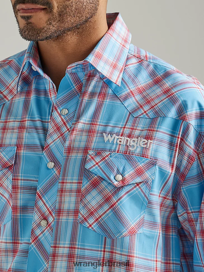 Wrangler camisa xadrez ocidental de manga comprida com logotipo azul ensolarado (112327776) homens roupas 00LN6N498