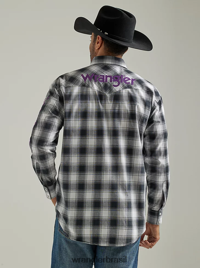Wrangler camisa xadrez ocidental de manga comprida com logotipo búfalo branco preto (112327777) homens roupas 00LN6N499