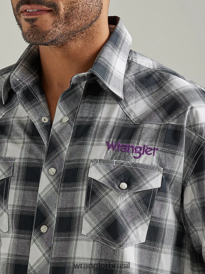 Wrangler camisa xadrez ocidental de manga comprida com logotipo búfalo branco preto (112327777) homens roupas 00LN6N499