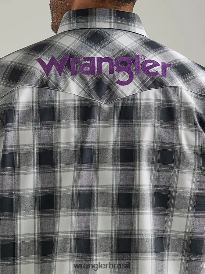 Wrangler camisa xadrez ocidental de manga comprida com logotipo búfalo branco preto (112327777) homens roupas 00LN6N499