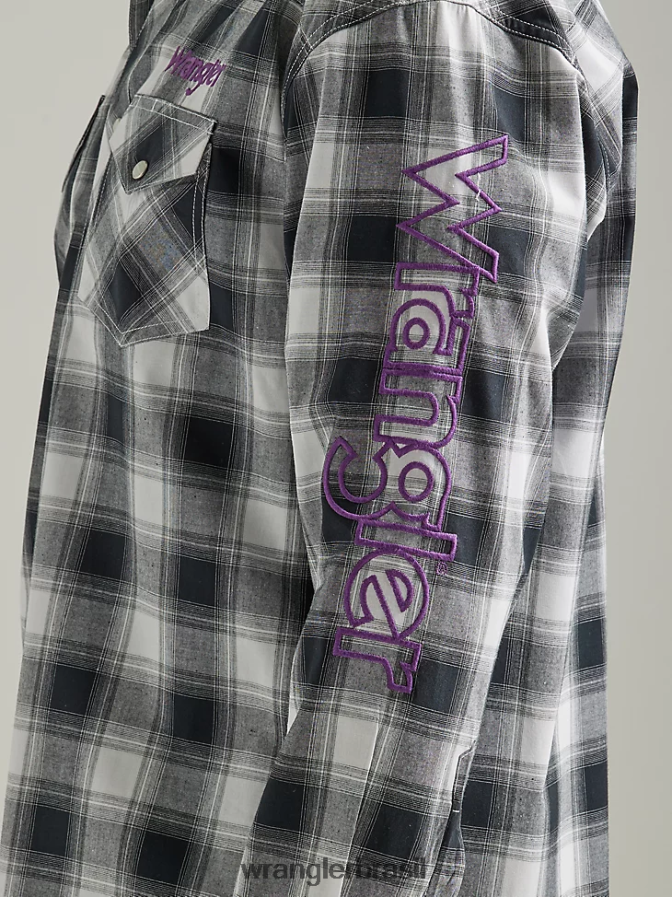 Wrangler camisa xadrez ocidental de manga comprida com logotipo búfalo branco preto (112327777) homens roupas 00LN6N499