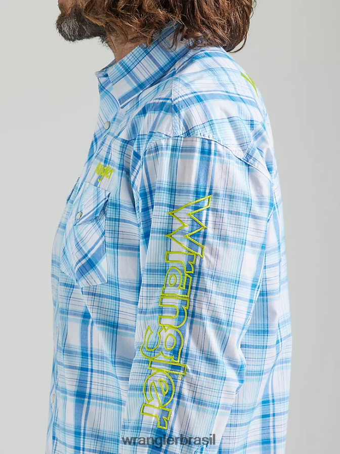 Wrangler camisa xadrez ocidental de manga comprida com logotipo mar azul (112324644) homens roupas 00LN6N497