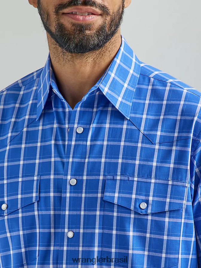 Wrangler camisa xadrez ocidental de manga curta resistente a rugas azul real (112324664) homens roupas 00LN6N444