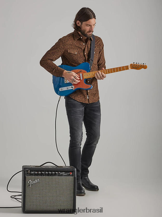 Wrangler camisa xadrez ocidental de manga curta resistente a rugas cinza azul (112324663) homens roupas 00LN6N442