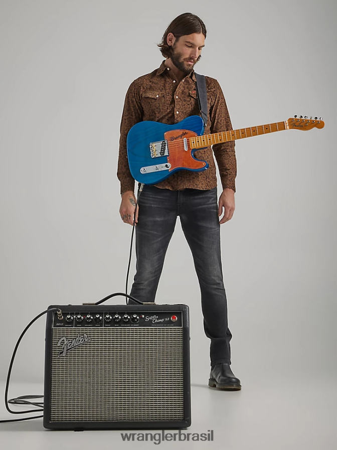 Wrangler camisa xadrez ocidental de manga curta resistente a rugas cinza azul (112324663) homens roupas 00LN6N442