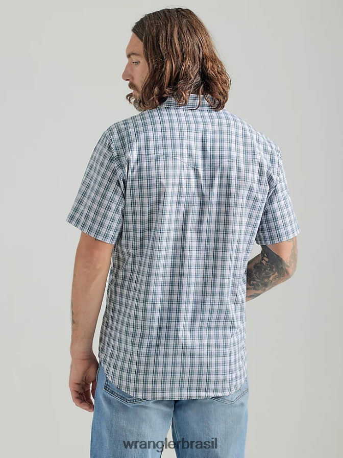 Wrangler camisa xadrez ocidental de manga curta resistente a rugas cinza azul (112324663) homens roupas 00LN6N442