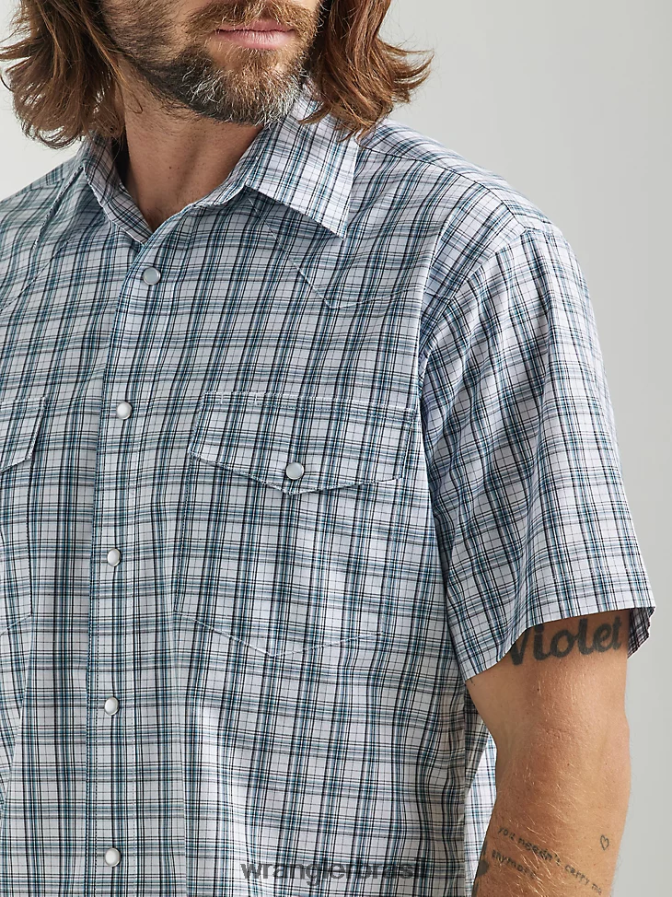Wrangler camisa xadrez ocidental de manga curta resistente a rugas cinza azul (112324663) homens roupas 00LN6N442