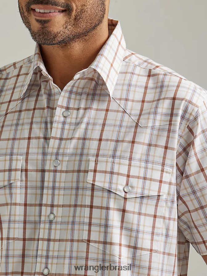 Wrangler camisa xadrez ocidental de manga curta resistente a rugas duna marrom (112326365) homens roupas 00LN6N448