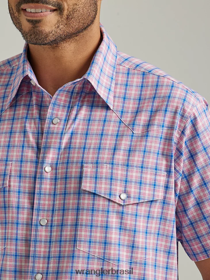 Wrangler camisa xadrez ocidental de manga curta resistente a rugas fogos de artifício azuis (112326368) homens roupas 00LN6N446