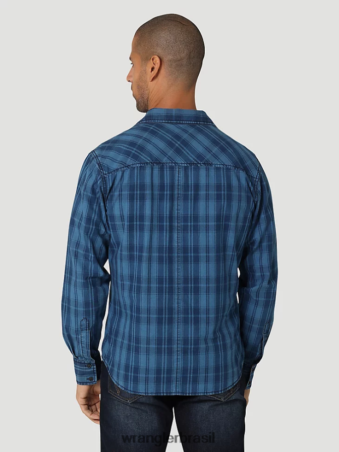 Wrangler camisa xadrez retrô premium de manga comprida com botões azul (112324855) homens roupas 00LN6N337