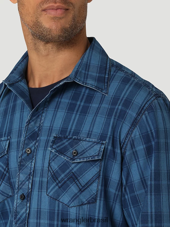 Wrangler camisa xadrez retrô premium de manga comprida com botões azul (112324855) homens roupas 00LN6N337