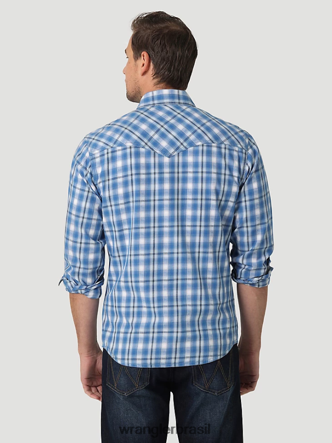 Wrangler camisa xadrez retrô premium de manga comprida ocidental azul riviera (112327792) homens roupas 00LN6N479