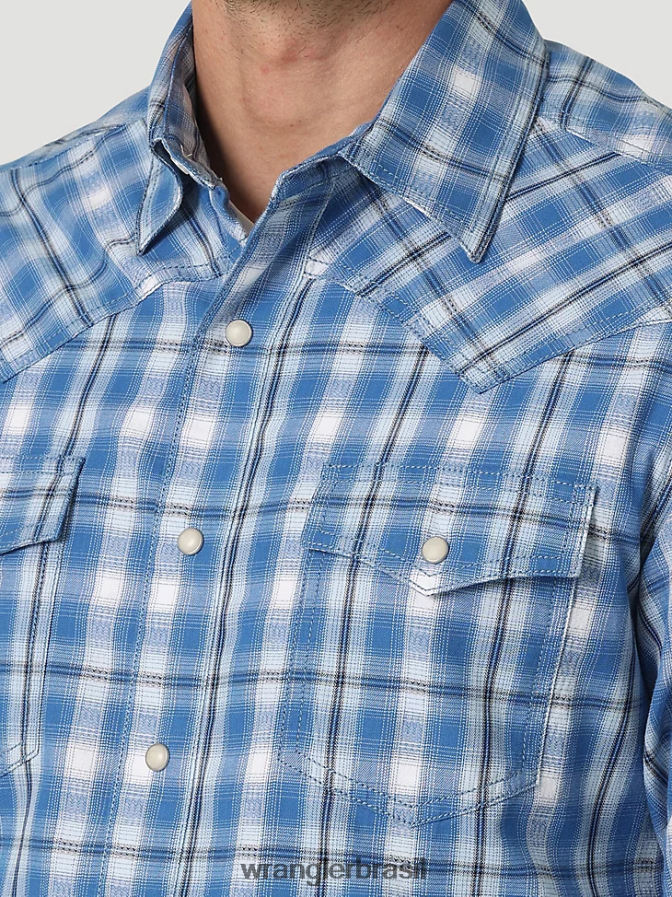 Wrangler camisa xadrez retrô premium de manga comprida ocidental azul riviera (112327792) homens roupas 00LN6N479