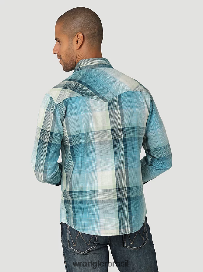Wrangler camisa xadrez retrô premium de manga comprida ocidental luz azul (112324851) homens roupas 00LN6N478