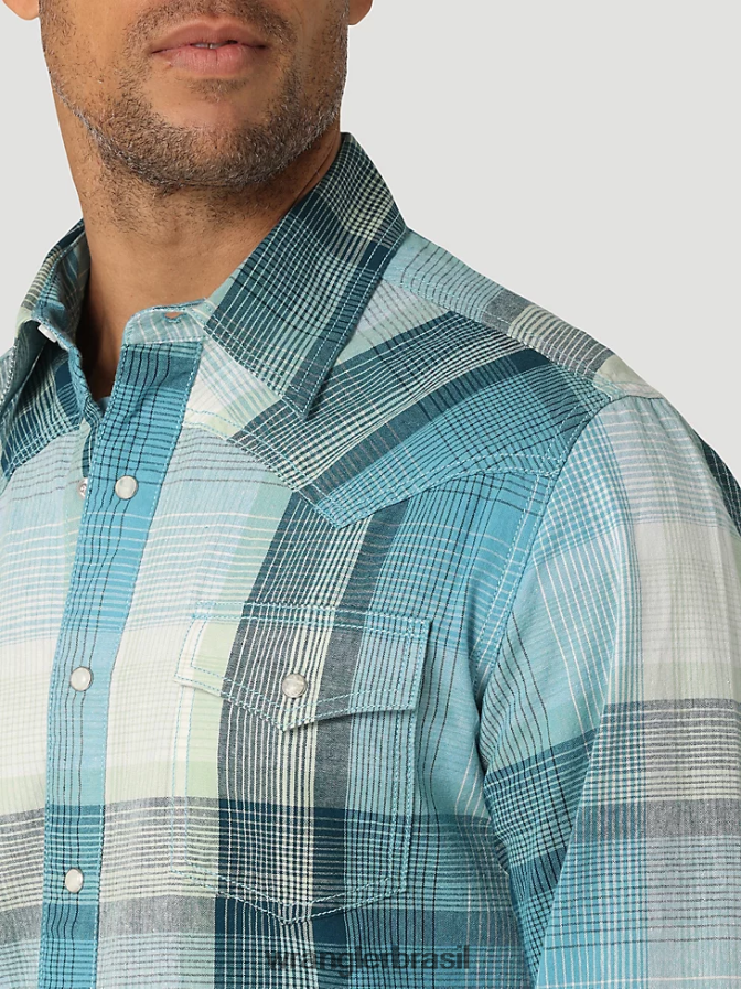 Wrangler camisa xadrez retrô premium de manga comprida ocidental luz azul (112324851) homens roupas 00LN6N478