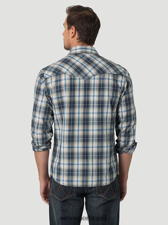 Wrangler camisa xadrez retrô premium de manga comprida ocidental índigo profundo (112327793) homens roupas 00LN6N480
