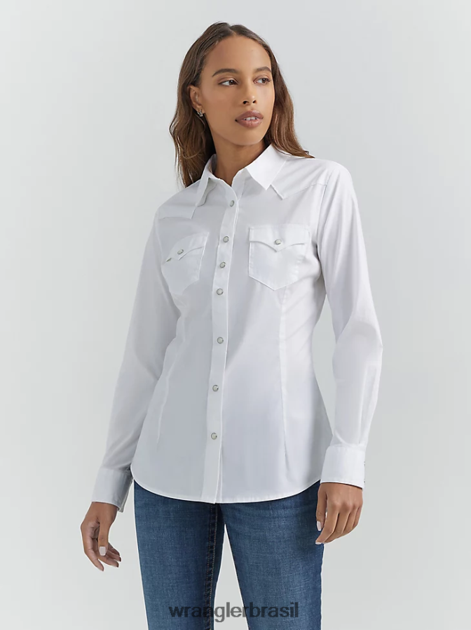 Wrangler manga comprida com um ponto na frente e nas costas top sólido branco (lw1001w) mulheres roupas 00LN6N889