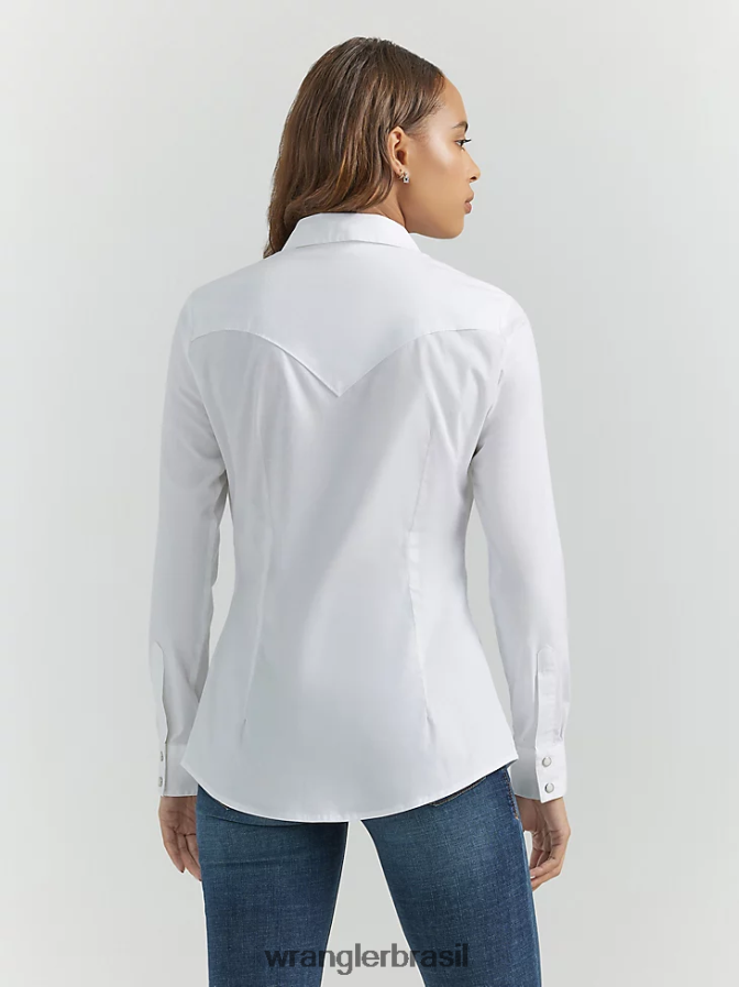 Wrangler manga comprida com um ponto na frente e nas costas top sólido branco (lw1001w) mulheres roupas 00LN6N889