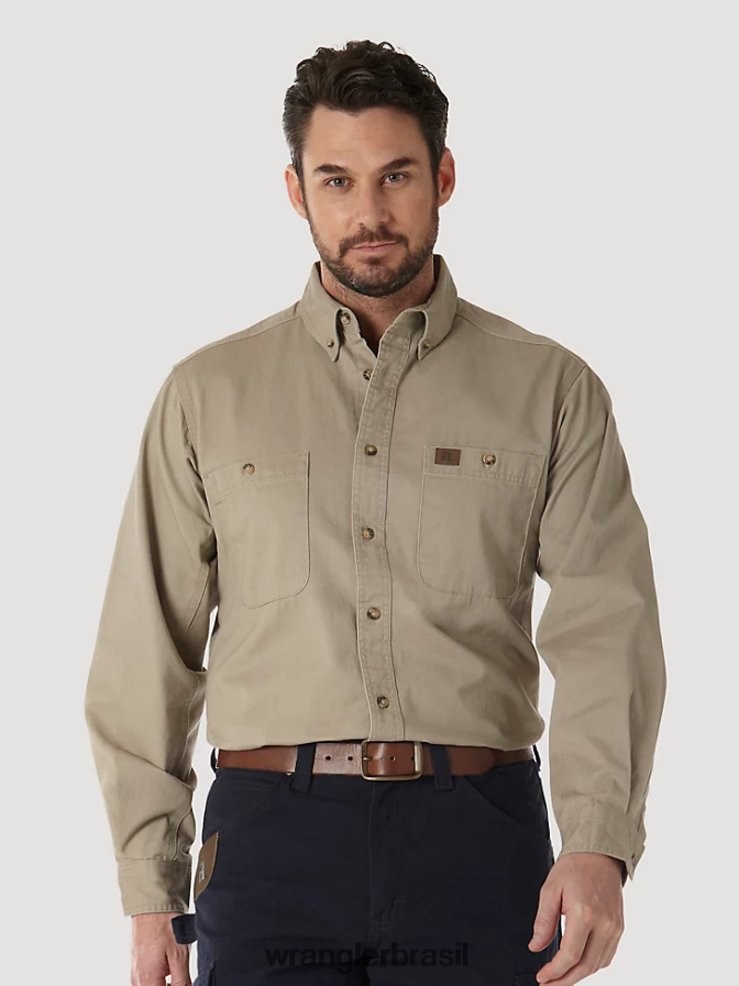 Wrangler riggs workwear camisa de trabalho de sarja sólida de manga comprida com botões cáqui (3w501kh) homens roupas 00LN6N351