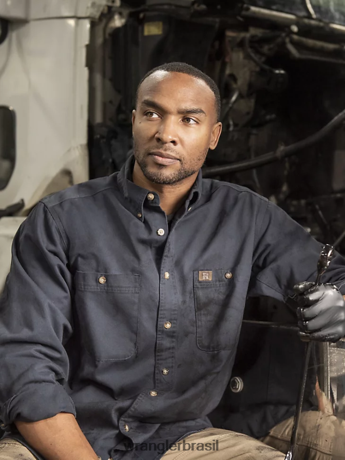 Wrangler riggs workwear camisa de trabalho de sarja sólida de manga comprida com botões marinha (3w501nv) homens roupas 00LN6N350