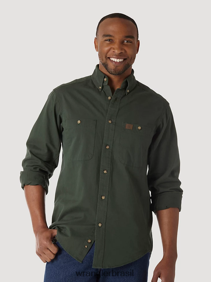 Wrangler riggs workwear camisa de trabalho de sarja sólida de manga comprida com botões verde floresta (3w501fg) homens roupas 00LN6N349