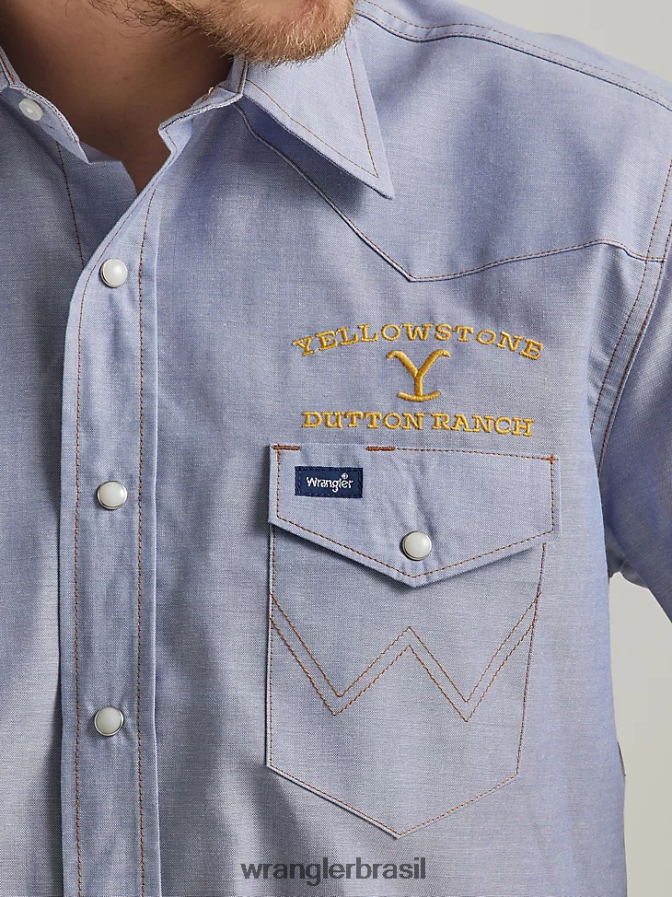 Wrangler x Yellowstone camisa de trabalho em cambraia manga curta cambraia índigo (112337495) homens roupas 00LN6N506