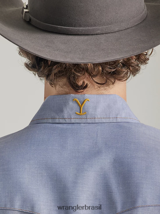 Wrangler x Yellowstone camisa de trabalho em cambraia manga curta cambraia índigo (112337495) homens roupas 00LN6N506