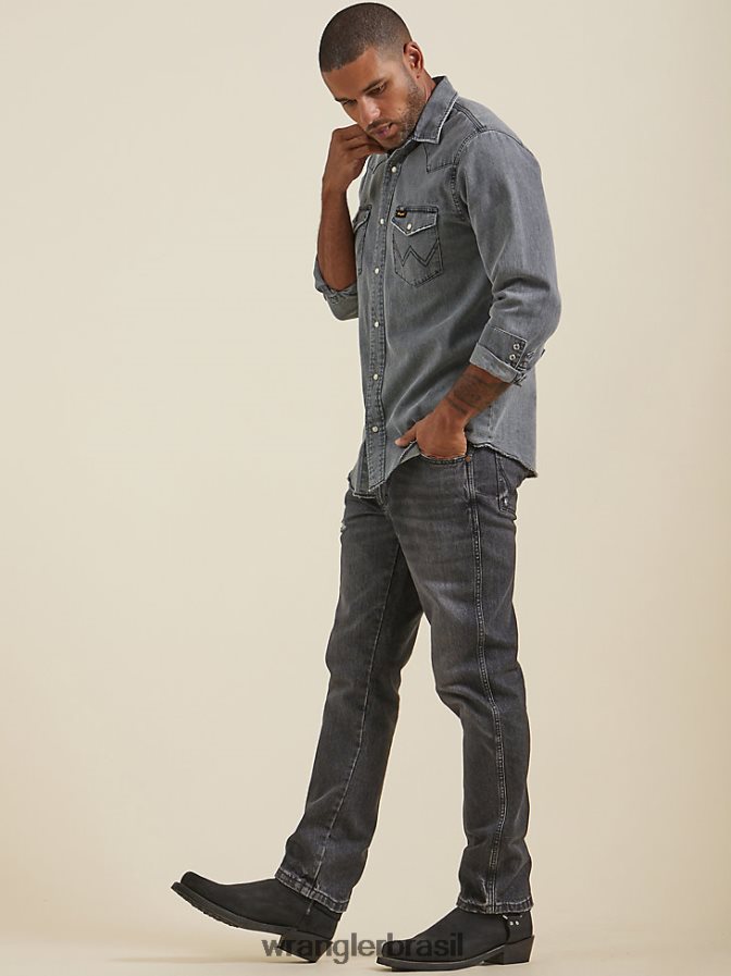 Wrangler calça jeans reta greensboro preto rasgado (112335458) homens roupas 00LN6N65