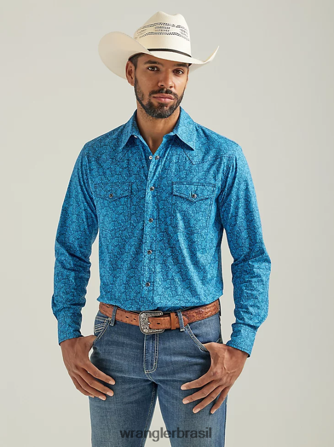 Wrangler 20x competição avançada conforto manga longa camisa ocidental com estampa de pressão azul azul (112324831) homens roupas 00LN6N485