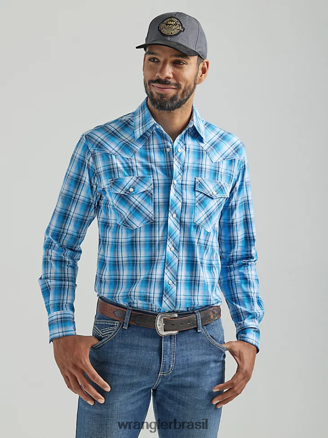 Wrangler 20x competição avançada conforto manga longa camisa xadrez ocidental com dois bolsos azul (112324832) homens roupas 00LN6N493