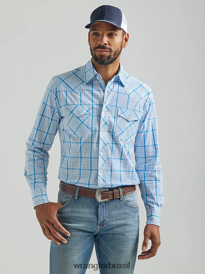 Wrangler 20x competição avançada conforto manga longa camisa xadrez ocidental com dois bolsos azul bebê (112324829) homens roupas 00LN6N491