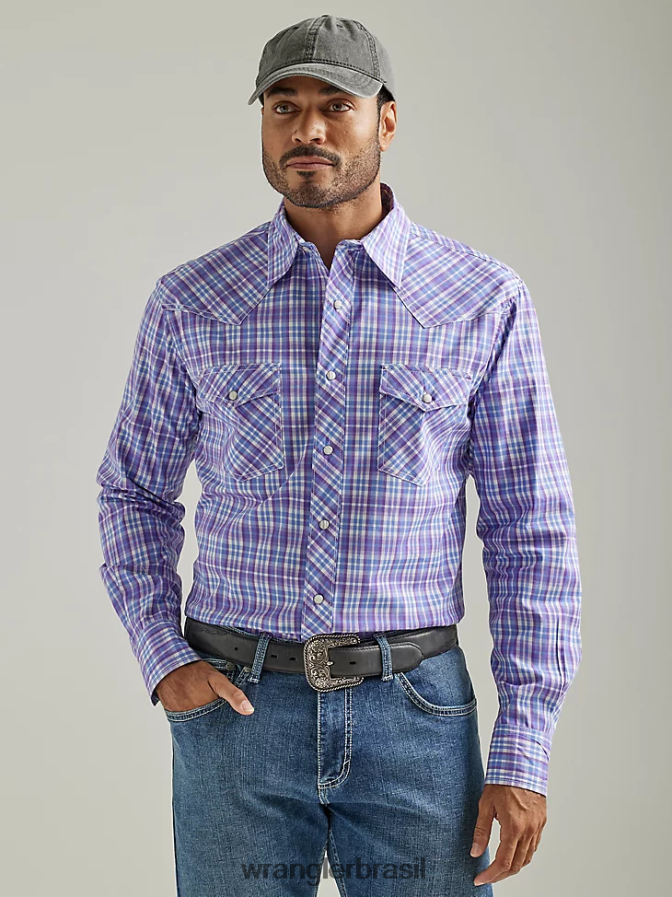 Wrangler 20x competição avançada conforto manga longa camisa xadrez ocidental com dois bolsos cheque de uva roxa (112327809) homens roupas 00LN6N496