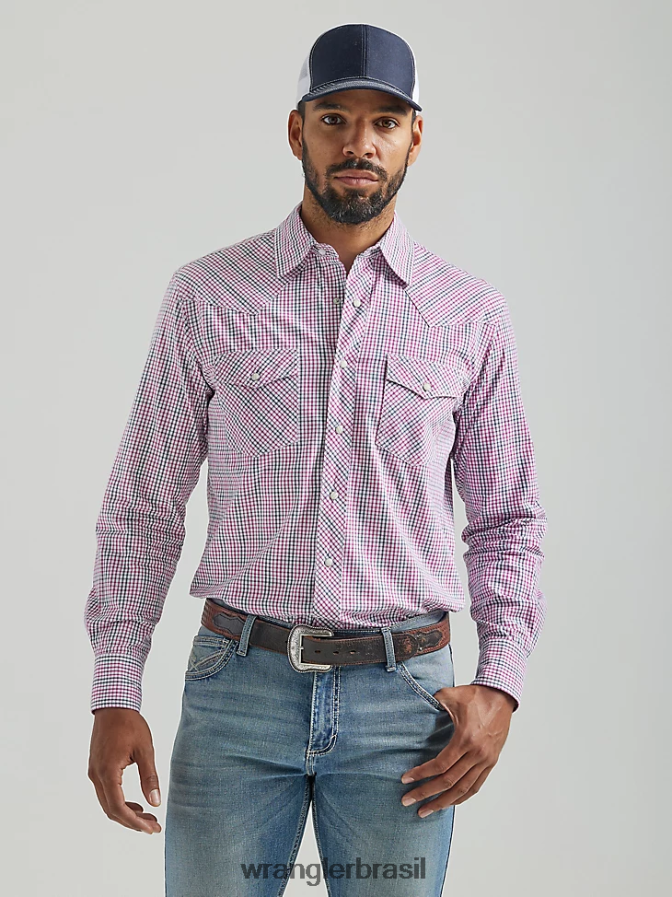 Wrangler 20x competição avançada conforto manga longa camisa xadrez ocidental com dois bolsos mini rosa (112324834) homens roupas 00LN6N492