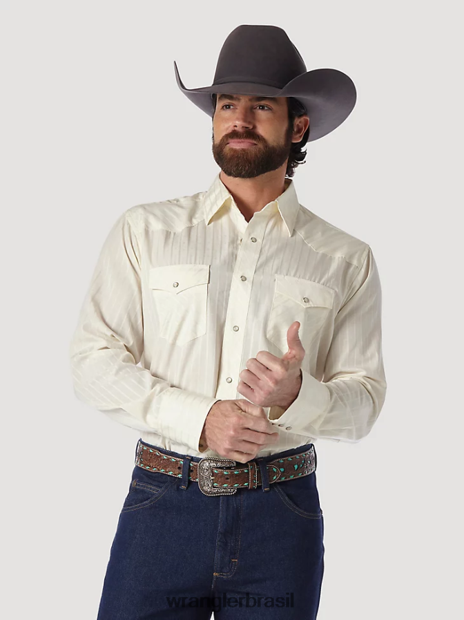 Wrangler Camisa Western Snap Dobby Stripe de manga comprida Western (escura) bronzeado (claro) (75226tn) homens roupas 00LN6N467