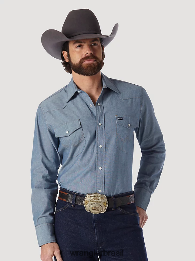 Wrangler Camisa de manga comprida em jeans rígido ocidental com corte de cowboy cambraia (70136mw) homens roupas 00LN6N441