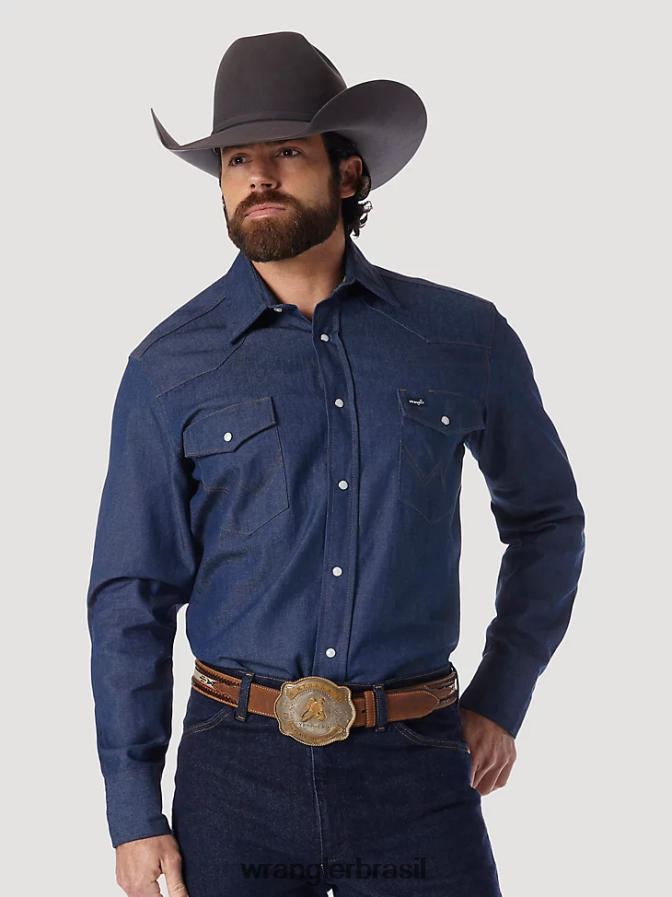 Wrangler Camisa de manga comprida em jeans rígido ocidental com corte de cowboy índigo rígido (70127mw) homens roupas 00LN6N439