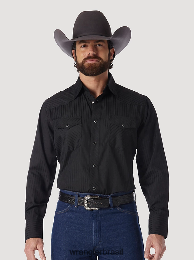 Wrangler Camisa ocidental de manga longa com listras Western Snap Dobby preto (75214bk) homens roupas 00LN6N465