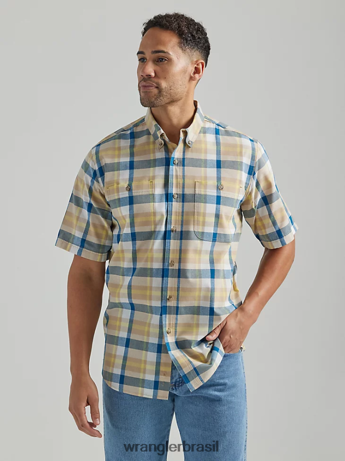 Wrangler Camisa xadrez de botão com manga curta e fácil cuidado azul cáqui (112325040) homens roupas 00LN6N341