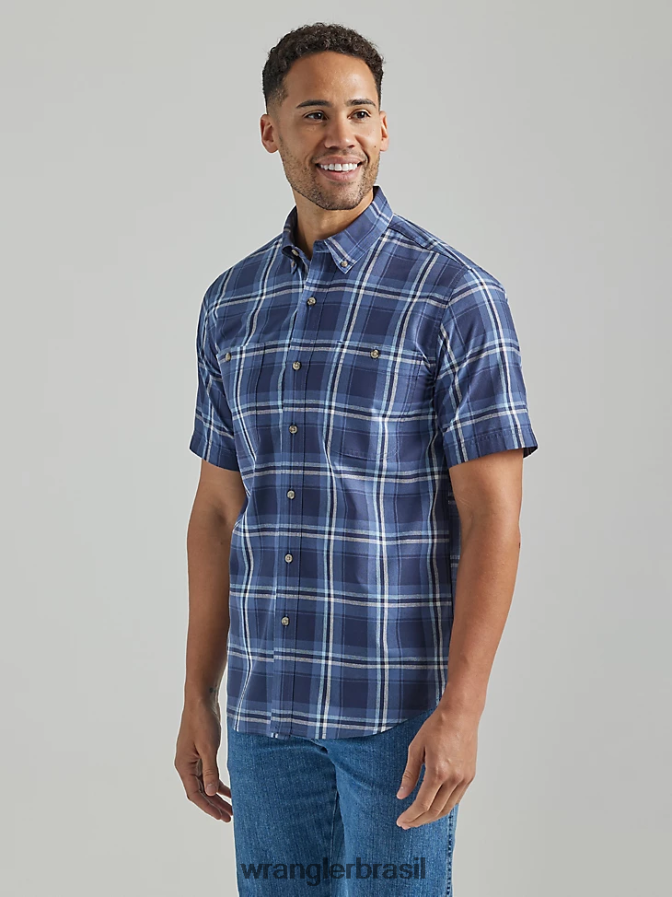 Wrangler Camisa xadrez de botão com manga curta e fácil cuidado azul profundo (112325041) homens roupas 00LN6N342