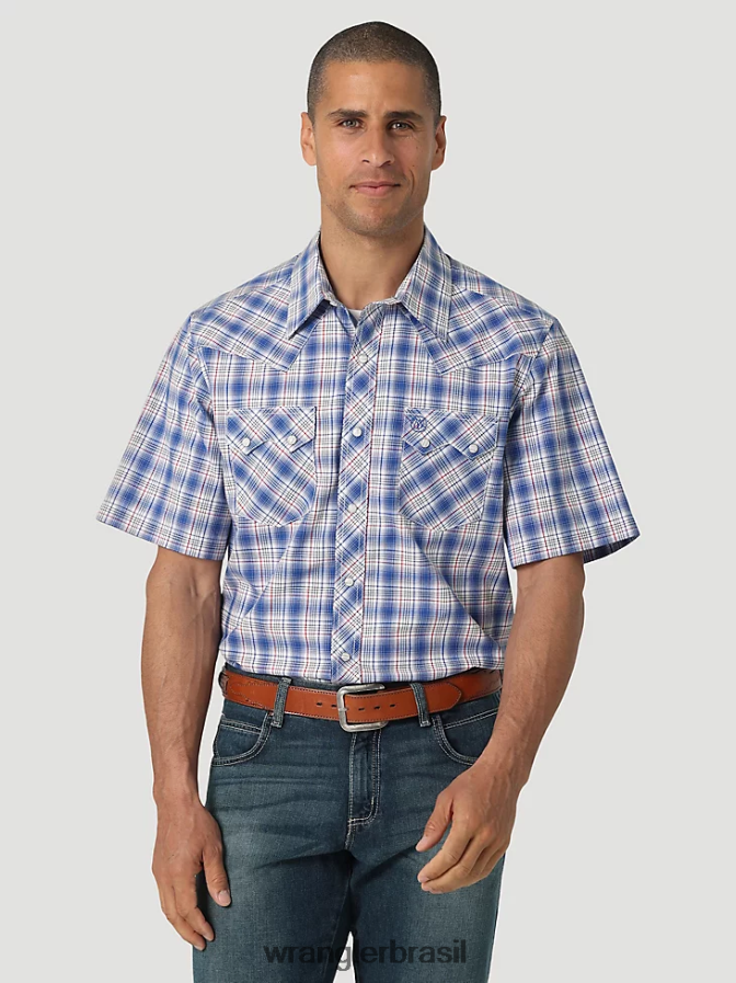 Wrangler Camisa xadrez retrô de manga curta ocidental com bolso com aba dente de serra marinha piquenique (112326335) homens roupas 00LN6N431